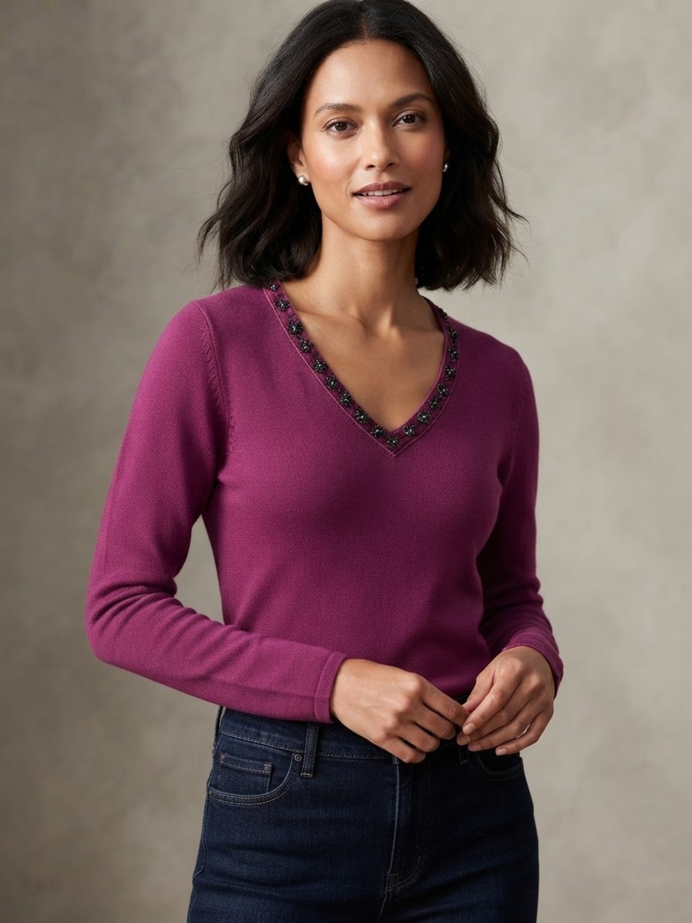 Garnet Hill Silk Blend Plum V-Neck Sweater with Beaded Trim